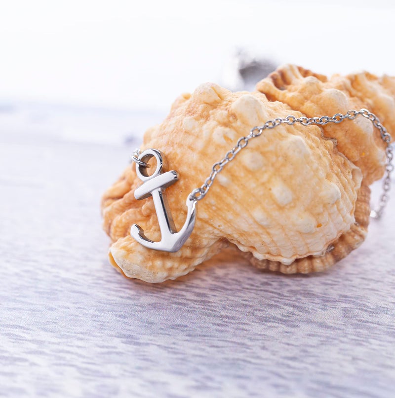ELBLUVF 18k Silver Gold Rose Gold Plated Stainless Steel Women Sideways Anchor Pendant Necklace 18inches Choose Colors (Silver) - Image 2